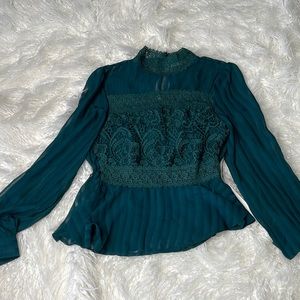 Haute Monde size small green/blue too with lace and button neck